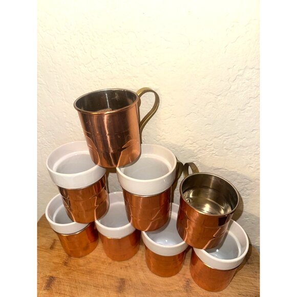 Set Of 7 Copper & White Ceramic Mugs With Brass Handles - Picture 7 of 7